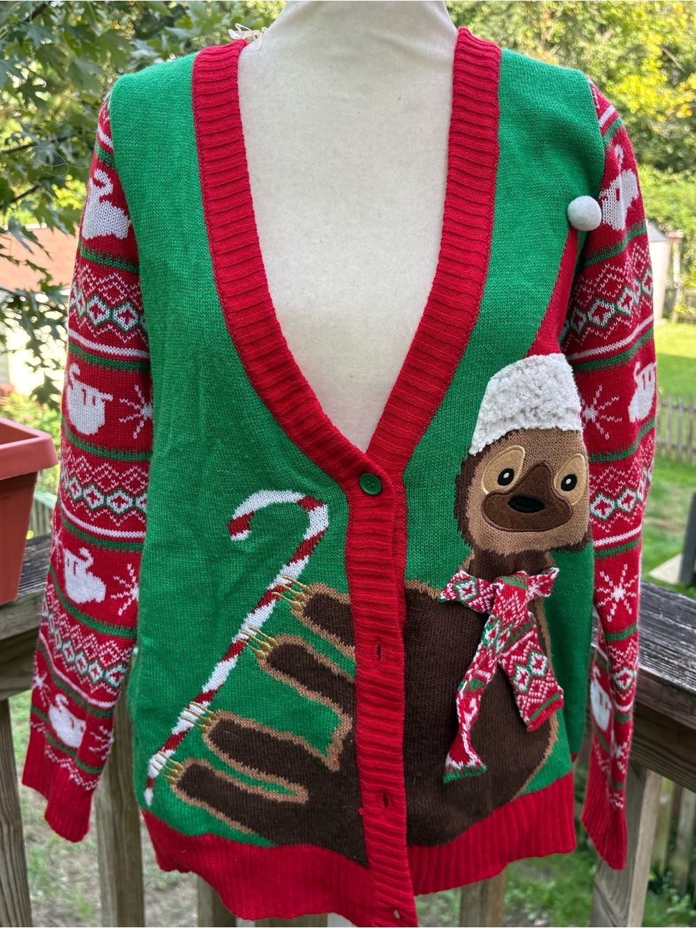 Derek Heart Women’s Knit Cardigan Sweater Fair Isle Sloth Christmas V-Neck M